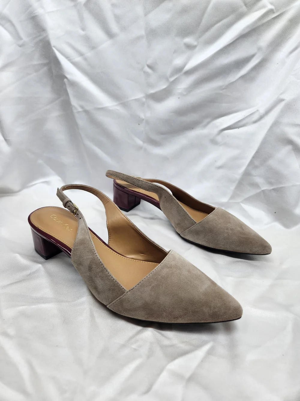 Calvin Klein Taupe Suede Pointed Slingback Kitten Heel
